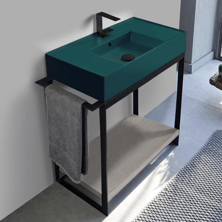 Scarabeo 5123-55-SOL2-88 Green Sink Bathroom Vanity, Floor Standing, Modern, Grey Oak, 35 Inch